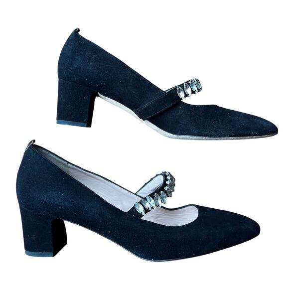 SJP by Sarah Jessica Parker Black Suede Mary Jane Block Heels Crystal Strap 8.5 - Picture 7 of 9
